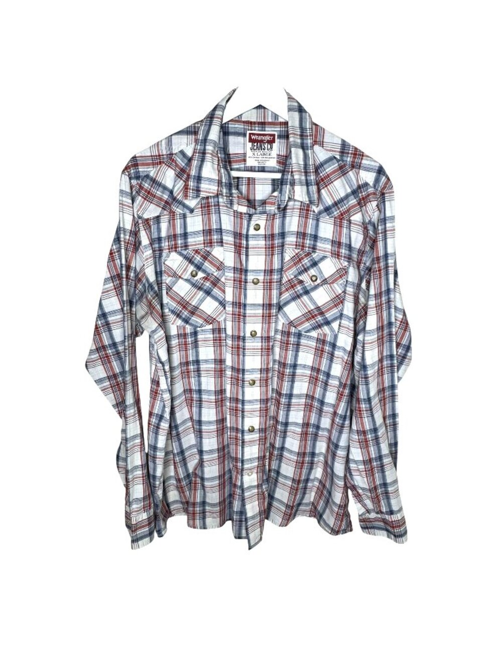 Wrangler Jeans White & Red Plaid Long Sleeve Pearl Snap Western Shirt, Size XL